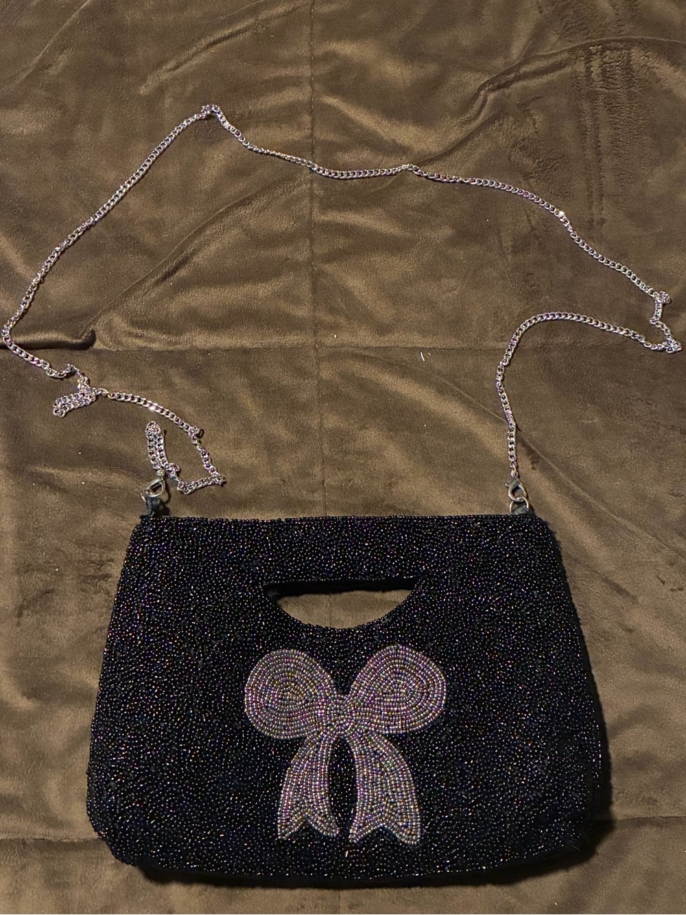 Rachel Zoe brand, Black Beaded Crossbody with Bow design on front